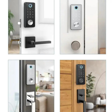 Slick Fingerprint Smart Deadbolt For Front Door Keyless Entry Keypad With Voice Remote Control Auto Lock No Sweat Family Access Smooth Drop In Setup And Chill Peace Of Mind shown on various doors with modern designs.
