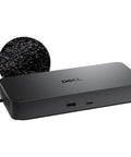 Smooth As Butter Thunderbolt 5 Docking Station Featuring 12 Versatile Ports And Quad Monitor Support For Lightning Fast Sync Plus Reliable 300W Charging To Get Your Workflow Locked In Tight, black hub with USB and Thunderbolt ports.