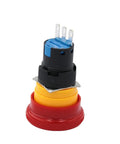 Mushroom Head Emergency Stop Push Button Switch 16mm Turn To Reset 1NO 1NC With Cover, side view of red, yellow, and black components
