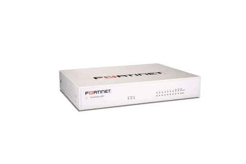 Heavy Duty FortiGate 60F Network Firewall With Zero Hassle Five Year Ultimate Tech Protection And Round The Clock Support Plus Drop In Rack Mount Kit, angled view of the device.