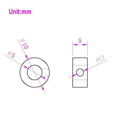 Technical drawing of 10 Pack 5mm Shaft Lock Collars For CNC Parts Steel Lock Rings, showing dimensions and M3 set screws position.