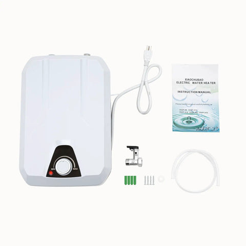 Compact 1.6 Gallon Electric Under Sink Water Heater Boasting Quick Turn Heating And Sleek Temp Adjustments For Smooth Instant Hot Water On Tap At Home Or Office Zero Hassle Rig with accessories.