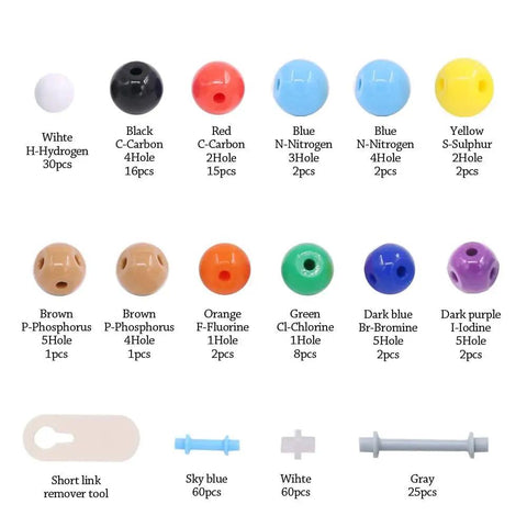 Color-coded atoms from the Chemistry Molecular Model Kit 200 Pcs 83 Atoms 116 Links Ball and Stick Set for Students