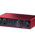 Scarlett 2i2 4th Gen USB Audio Interface Bundle With Studio-Grade Mic Preamps, Guitar Input, front view of red device
