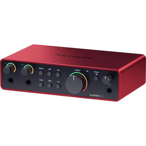 Scarlett 2i2 4th Gen USB Audio Interface Bundle With Studio-Grade Mic Preamps, Guitar Input, front view of red device
