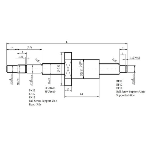Top Rated RM1605 SFU Ballscrew Kit With C7 Ground Ends Machined Lengths From 250 To 1550mm Plus Nut Housing And Coupler For Router Machine Build technical drawing of 1605 ball screw ends