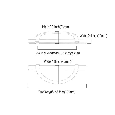 Technical diagram of Six Pack Matte Black And Gold Half Moon Cabinet Pulls Three And Three Quarters Inch Hole Centers 96mm.