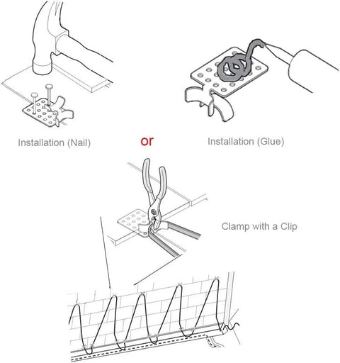 HEATIT roof heat cable clips, 26-pack; deicing cable fasteners shown for nail, glue, or clamp installation along roof edge