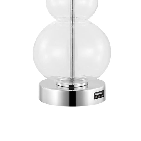 Chrome and Clear Cora Glass Table Lamp Set of 2 With USB Charging Port, close-up of lamp base and USB port
