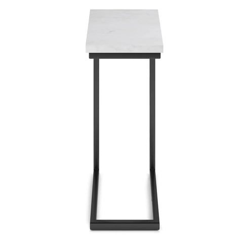 Side view of C Shaped Metal Side Table With Genuine White Marble Top For Living Room Or Home Office Space Saving End Table That Slides Under Sofa 18 In Wide By 24 In High Sleek And Slick Modern Accent