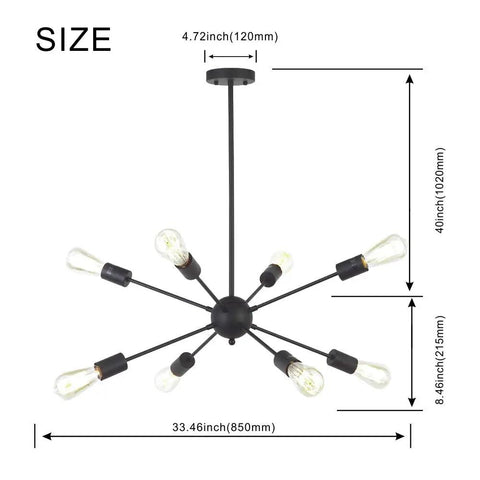 Black Sputnik Chandelier 8 Light Ceiling Fixture For Kitchen Dining Living Room Dope Modern Industrial Pendant Lighting, dimensions view