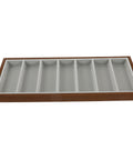 Slick Wooden Sunglasses Display Tray With Soft Gray Velvet Lining Seven Grid Eyewear Organizing Rack top view, light wood, seven slots.