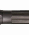 Side view of PolyStinger LED 485-Lumen Rechargeable Flashlight with rubberized grip, black nylon body, no charger visible.