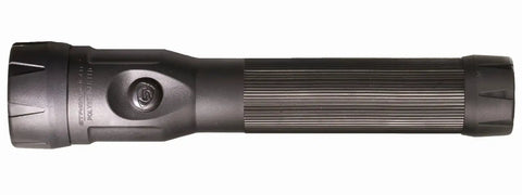 Side view of PolyStinger LED 485-Lumen Rechargeable Flashlight with rubberized grip, black nylon body, no charger visible.