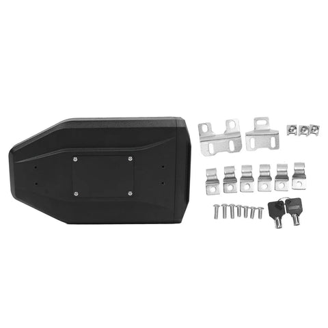 Heavy Duty ABS Motorcycle Side Toolbox Featuring Rugged Stainless Steel Brackets, side view with mounting hardware and keys.