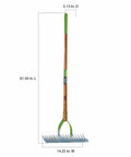 15 Inch Adjustable Self Cleaning Thatch Rake With Hardwood Handle For Lawn Care Curved Tines For Clearing Dead Grass Clippings Comfortable 10 Inch Grip Durable All Purpose Yard Rake shown from front view with measurements