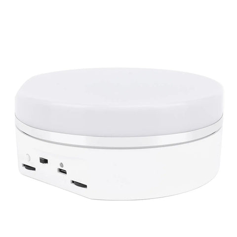 Awesome 360 Rotating Display Stand With Adjustable LED Lights And 11 Pounds Load Capacity, white electric turntable side view.