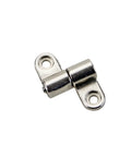 Small damping hinge, chrome finish, close-up view showing adjustable torque shaft and 360° flip.