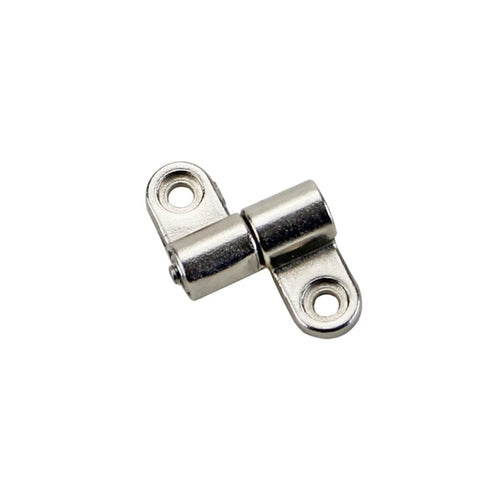 Small damping hinge, chrome finish, close-up view showing adjustable torque shaft and 360° flip.