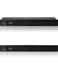 Badass 1U Rack Mount Power Conditioner With Eight Individually Switched Outlets, front and back view showcasing 8 outlets and LED display.