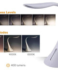 Lit LED Desk Lamp With 8W Power White Finish Three Color Temperature Modes 3000K 4000K 6500K Six Level Dimmer