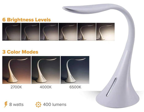 Lit LED Desk Lamp With 8W Power White Finish Three Color Temperature Modes 3000K 4000K 6500K Six Level Dimmer