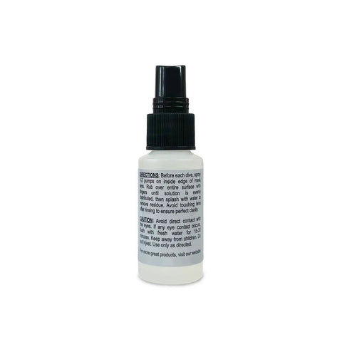 Back view of 1 oz bottle of Anti Fog Spray For Swimming Goggles And Diving Masks Defog Solution For Pool Snorkeling Scuba And Freediving