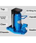 Tough As Nails Hydraulic Toe Jack Lift With 30 Ton Top And 15 Ton Bottom Heft Rock Solid Heat Treated Steel Build For Farm Rigs And Shop Gear Moving Jobs, labeled components for assembly.