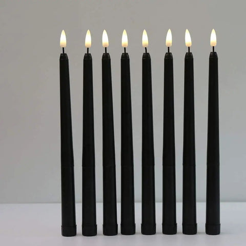 Pack Of 12 Flameless Taper Candles 11 Inch Flickering Warm White LED Candles Battery Powered Realistic Plastic Candles For Christmas Decor Easy On Off Switch Safe Cozy Glow For Tables And Mantels, showing 8 black candles in a row