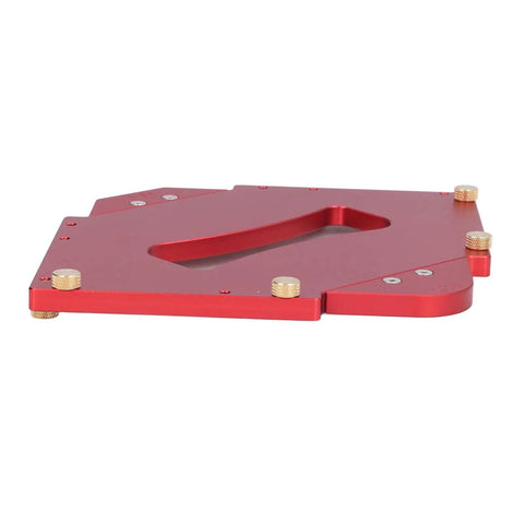 Rock Solid Router Table Corner Jig With Rugged Aluminum Radius Template Set, red metal base with mounting points.