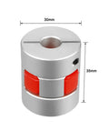 Beefy Plum Shaped Shaft Coupler 10mm To 14mm For Motor Link 30mm Diameter 35mm Length Aluminum Alloy And Polyurethane High Flex Vibration Dampening Coupler In Silver And Red, showing dimensions