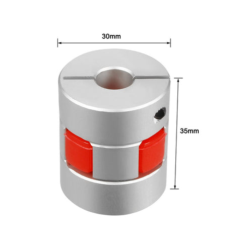 Beefy Plum Shaped Shaft Coupler 10mm To 14mm For Motor Link 30mm Diameter 35mm Length Aluminum Alloy And Polyurethane High Flex Vibration Dampening Coupler In Silver And Red, showing dimensions