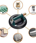 8 Inch Vacuum Suction Cup For Granite And Glass Lifting with metal handle and brass pump, surrounded by images of applicable surfaces