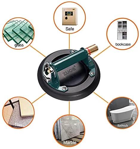8 Inch Vacuum Suction Cup For Granite And Glass Lifting with metal handle and brass pump, surrounded by images of applicable surfaces