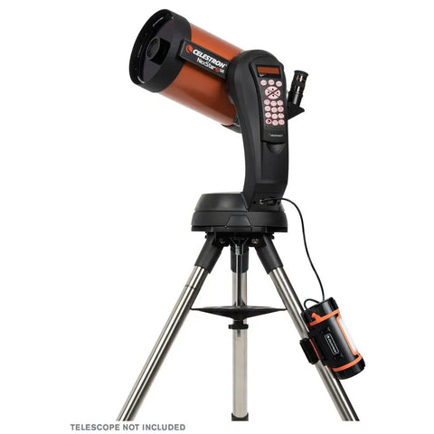 Go To Portable Power Tank LiFePO4 For Telescopes And Astronomy, mounted on tripod leg, shown with telescope