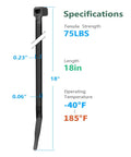 Specifications of Heavy Duty 100 Pack 18 Inch Black Zip Ties With 75Lbs Tensile Strength Self Locking UV Resistant Cable Ties