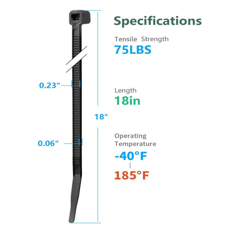 Specifications of Heavy Duty 100 Pack 18 Inch Black Zip Ties With 75Lbs Tensile Strength Self Locking UV Resistant Cable Ties