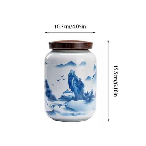 Top Shelf Airtight Ceramic Tea Canister Keeping Freshness Locked Inside Retro Blue And White Landscape Vibes Large Pantry Storage Jar For Coffee Beans, 10.3 x 15.5 cm.
