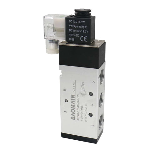Internally Piloted 5 Way 2 Position Pneumatic Solenoid Valve 4V410-15 DC12V, PT One Half Inch Ports, side view