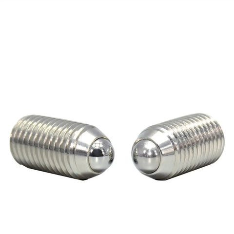 Premium Stainless Steel Spring Ball Plunger With Internal Hex Roller Bolt And Threaded Design For Ultimate Locating Grip Works Like A Charm In Rigorous Projects Part Of A Reliable 10 Piece Assortment Measuring M12 L22mm showing two stainless steel plunger bolts.