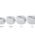 Set of four stainless steel camping pots, 475 mL to 1.6 L, featuring locking lids and fold-over handles.