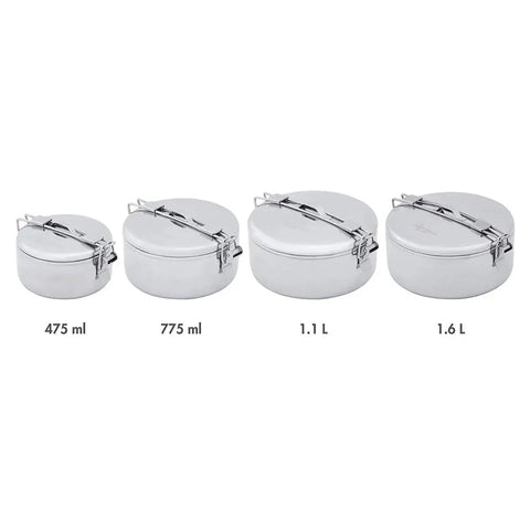 Set of four stainless steel camping pots, 475 mL to 1.6 L, featuring locking lids and fold-over handles.