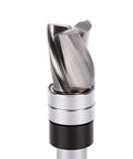 Close-up of Heavy Duty Carbide Flush Trim Router Bit With Top Bearing Guide for precise wood trimming, 3/8 Inch diameter blade.