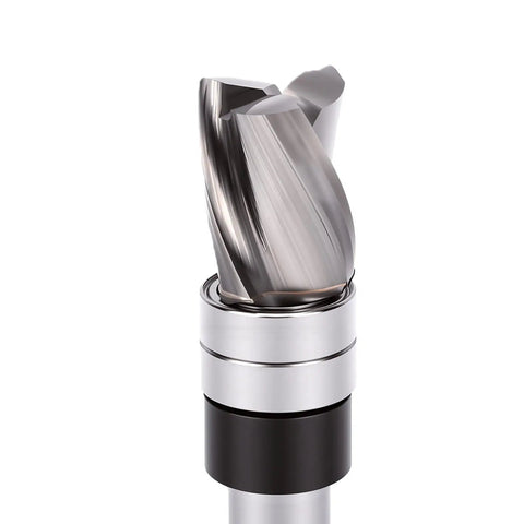Close-up of Heavy Duty Carbide Flush Trim Router Bit With Top Bearing Guide for precise wood trimming, 3/8 Inch diameter blade.