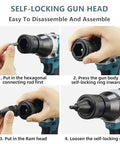 Self-locking gun head of the Top Tier Cordless Rivet Gun And Pop Riveter Set showing assembly steps for easy use.