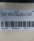 Heavy Duty Submersible Sump Pump Iron Body 1 1/2 Inch Discharge 1/2 HP 120V AC Motor Basement Water Removal label close-up.