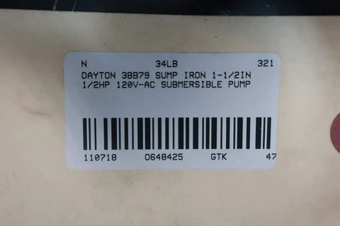 Heavy Duty Submersible Sump Pump Iron Body 1 1/2 Inch Discharge 1/2 HP 120V AC Motor Basement Water Removal label close-up.
