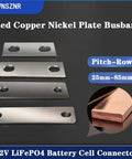 Heavy Duty Red Copper Nickel Plated Bus Bar Connectors For LifePo4 Cells Offering Precise 83mm Pitch And M6 Holes Built Dead Solid For Quick Wire Hooks On Every Weekend Build, showcasing four nickel plate busbars with holes.