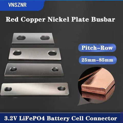 Heavy Duty Red Copper Nickel Plated Bus Bar Connectors For LifePo4 Cells Offering Precise 83mm Pitch And M6 Holes Built Dead Solid For Quick Wire Hooks On Every Weekend Build, showcasing four nickel plate busbars with holes.