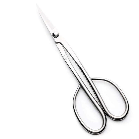 Six Piece Bonsai Tool Kit With Long Handle Scissors 8 Inch And 7 Inch, Top Pruning Scissors 7.85 Inch, 3Cr13 tweezers visible.